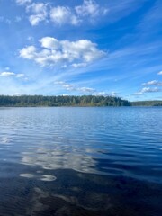 Poster - beautiful blue lake view, blue sky with white clouds reflections on the lake surface