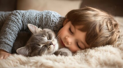 Wall Mural - Child sleeping with cat pet composition background