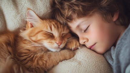 Wall Mural - Child sleeping with cat pet composition background