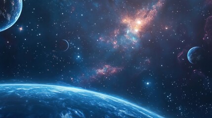 Wall Mural - A View of a Blue Planet and Stars in a Cosmic Expanse