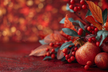 Wall Mural - pumpkins, autumn leaves, berries, and pine cones on a red background