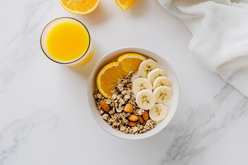 A healthy breakfast spread featuring alongside a glass of freshly squeezed orange juice on a white marble counter