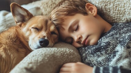 Wall Mural - Child sleeping with dog pet composition background