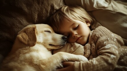 Wall Mural - Child sleeping with dog pet composition background