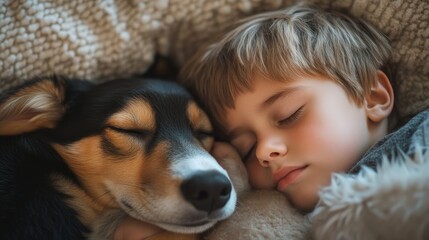 Wall Mural - Child sleeping with dog pet composition background