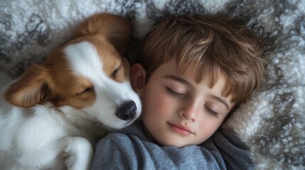 Wall Mural - Child sleeping with dog pet composition background