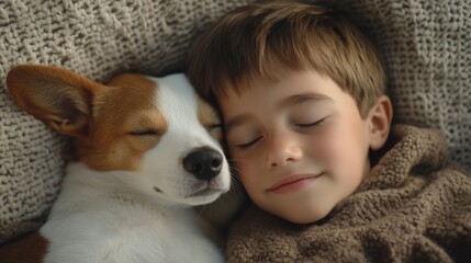 Wall Mural - Child sleeping with dog pet composition background