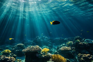 Wall Mural - Sunlight shining through ocean water illuminating a colorful coral reef with fish swimming.  Underwater scenery