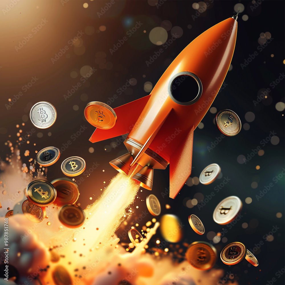 Orenge Roket orange rocket taking off in space with money coins falling from the ...