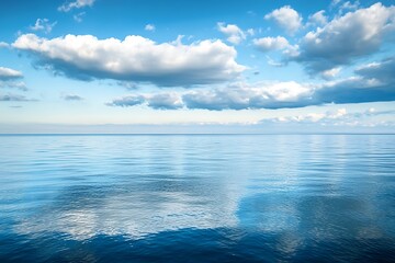 Poster - Calm ocean horizon with blue sky and white clouds reflection. Peaceful, serene and tranquil nature background.