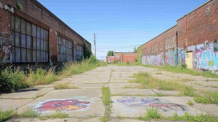 Poster - Abandoned Brick Buildings with Overgrown Graffiti Alleyway