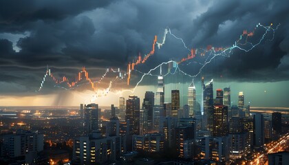 Poster - Financial Struggles Depicted Through a Declining Trend Graph Under Ominous Stormy Skies