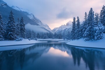 Wall Mural - Snow covered mountains reflecting in a serene frozen lake at sunrise