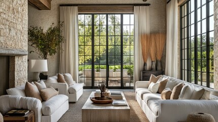 Wall Mural - Modern Living Room with Stone Wall, White Couches, and Large Windows