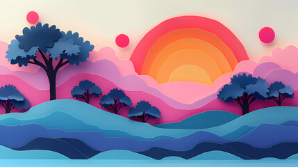 Vibrant paper cutout landscape with rolling hills, dark blue trees, and a colorful sunset in shades of pink, orange, and yellow, creating a whimsical and serene scene