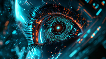 Wall Mural - A robotic eye with a microchip iris. surrounded by intricate. glowing circuitry patterns. 