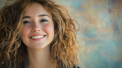 Wall Mural - A young woman with curly blonde hair smiles brightly.