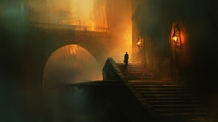 Wall Mural - A lone figure ascends a stone staircase leading into a dimly lit, mist-filled passageway within a medieval castle.