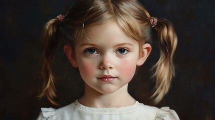 Wall Mural - A young girl with blonde pigtails looks directly at the viewer. She is wearing a white dress.