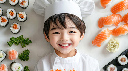 smiling Asian little boy wearing chef hat having fun with sushi