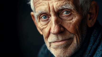 A close up portrait of an elderly man with blue eyes, looking at the camera.