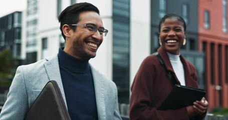outdoor, employees and people on conversation with smile for teamwork and collaboration in new york.