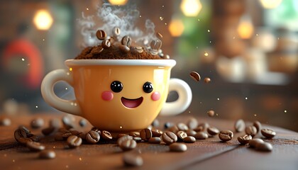 Cheerful coffee bean character spreading joy with steam rising from a full cup, creating an adorable and delightful coffee experience