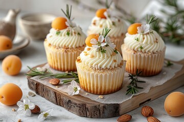 Delicious almond white chocolate cupcakes topped with fresh fruit and herbs arranged on a wooden board in a cozy kitchen setting