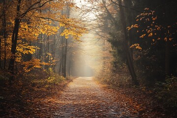 Poster - Mystical autumn forest path with fog and golden leaves