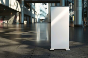 Poster - Blank roll up banner standing indoors on a trade show, ready for your design