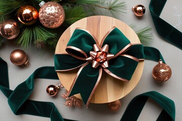 Elegant Green Velvet Ribbon and Copper Bow for Luxurious Holiday Decor