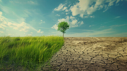 Wall Mural - Abandoned lot with vibrant grass on one side and cracked earth on the other and featuring a lone bush in the middle and split screen illustrating the passage of time. 