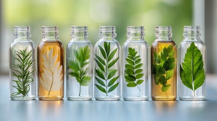 Wall Mural - Fresh herbs displayed in vintage glass bottles against a textured green background