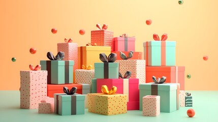 A vibrant display of colorful gift boxes stacked and decorated for festivities, perfect for celebration themes.