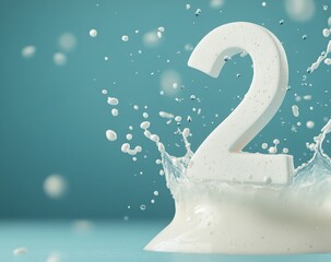 Splash of milk with the number two against a bright blue background