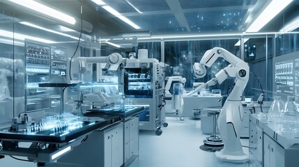 Poster - Futuristic Laboratory with Robotic Arms and Advanced Equipment