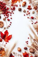 Poster - Vibrant autumn arrangement of berries, leaves, and grains on a white background for seasonal decor