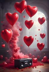 Wall Mural - Lovely valentine party background with romantic hearts and music speakers