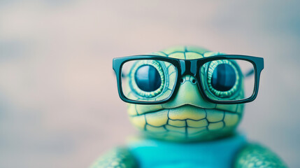 Wall Mural - Close-up of a green turtle wearing glasses.