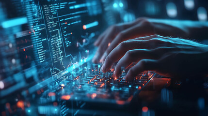 Close-up of hands typing on a glowing keyboard, with code and data displayed on the screen.