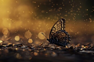 Poster - Black and white butterfly is standing on twigs, illuminated by golden light and surrounded by bokeh