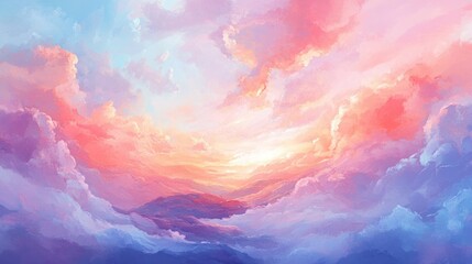 Canvas Print - Abstract Painting of a Pink and Blue Sunset Over Clouds