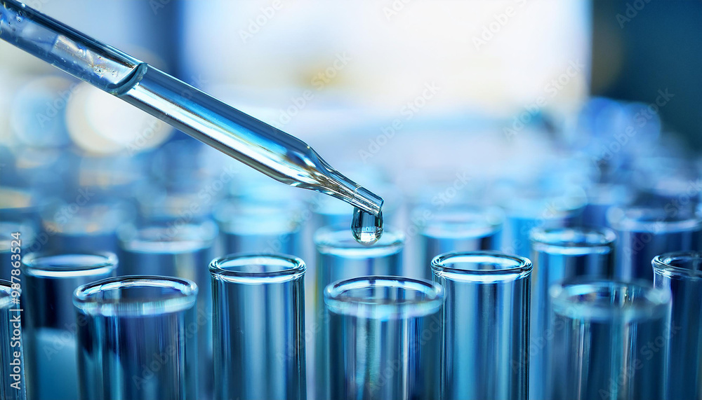Glass pipette dripping fluid into test tube. Laboratory experiments and ...