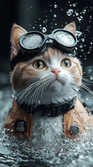 Wall Mural - A cat wearing goggles looks up with water splashing around it.