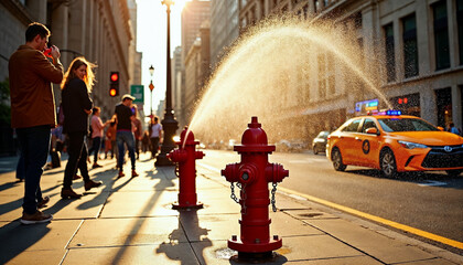 Vibrant New York City scene with a gushing fire hydrant, pedestrians, and a passing yellow taxi.






