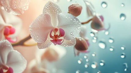 Sticker - Delicate white orchids glistening with raindrops in a soft, blurred background garden setting