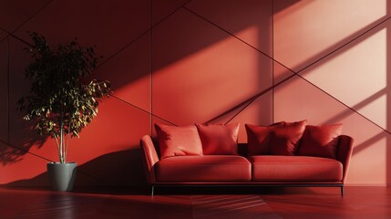 Wall Mural - Stylish red sofa against a vibrant wall with geometric design in a modern living space