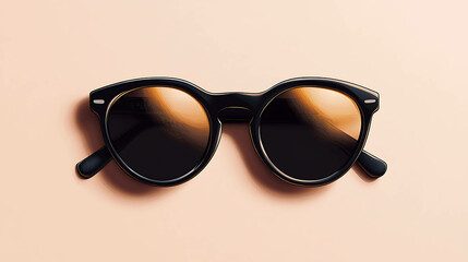 Black sunglasses with brown lenses sit on a peach-colored background.