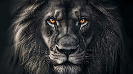 A close up of a black lion with intense orange eyes.