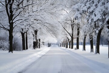 Poster - Snowy road lined with bare trees in winter landscape